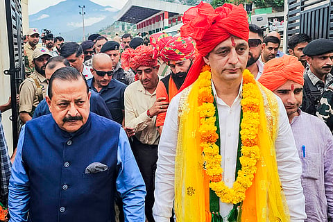 2024 J&K Elections: Union minister Jitendra Singh with BJP candidate Shakti Raj Parihar in Doda district 